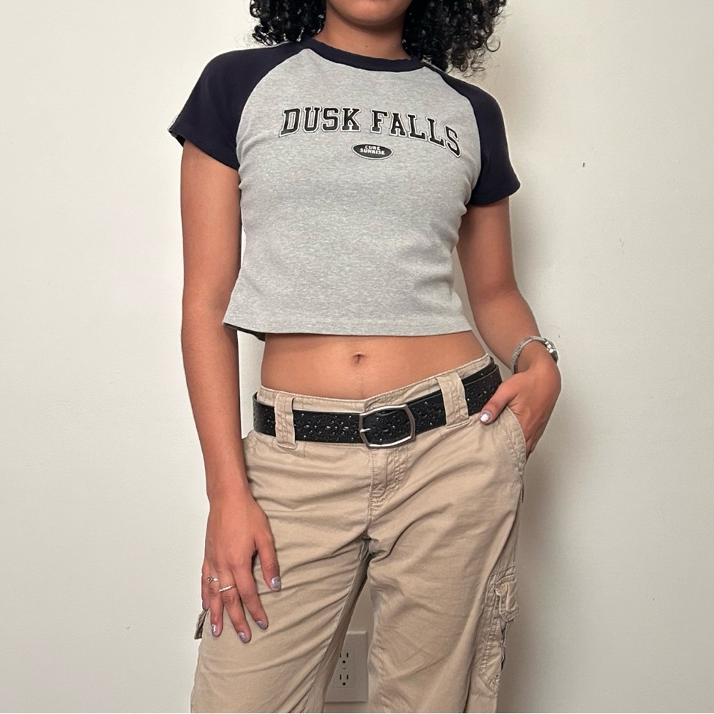 “Dusk Falls” Navy and Gray Raglan Crop Top